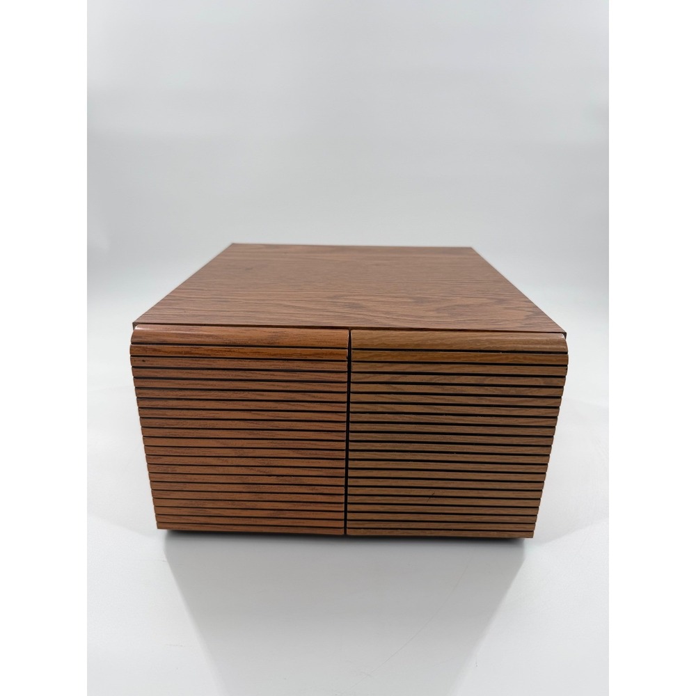 Vintage Faux Wood Grain Double Drawer Cassette Tape Storage Cabinet Roll Top